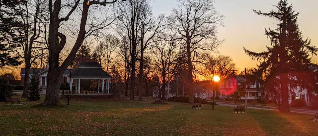 Leicester town commons with bandstand at sunset