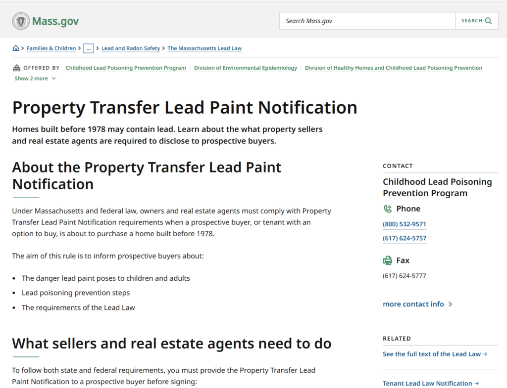 screenshot of the Property Transfer Lead Paint Notification from mass.gov